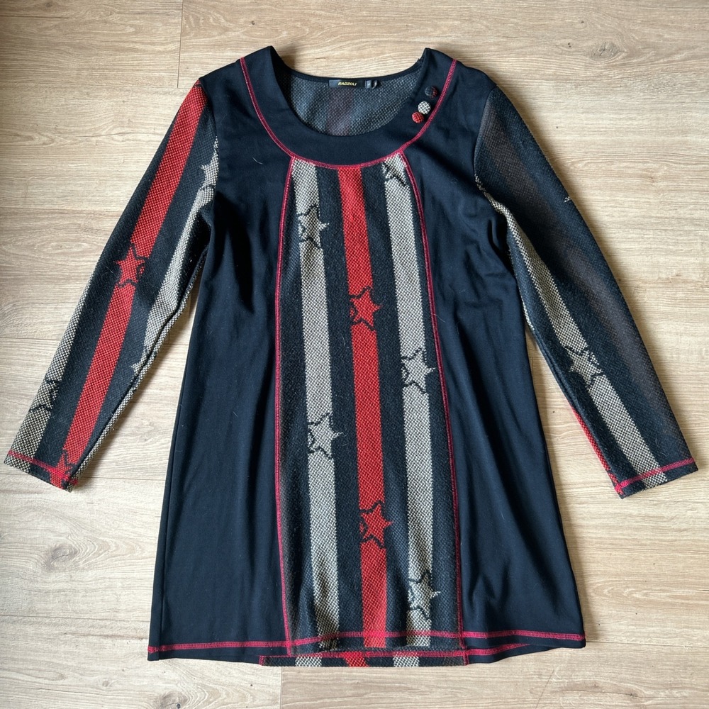 Radzoli Womens XL Red White Black Stars Stripes Knit Tunic Long Sleeve Dress